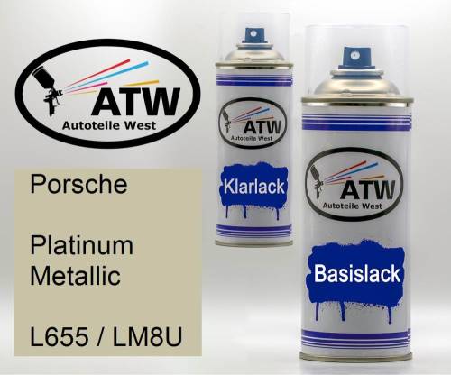 Porsche, Platinum Metallic, L655 / LM8U: 400ml Sprühdose + 400ml Klarlack - Set, von ATW Autoteile West.